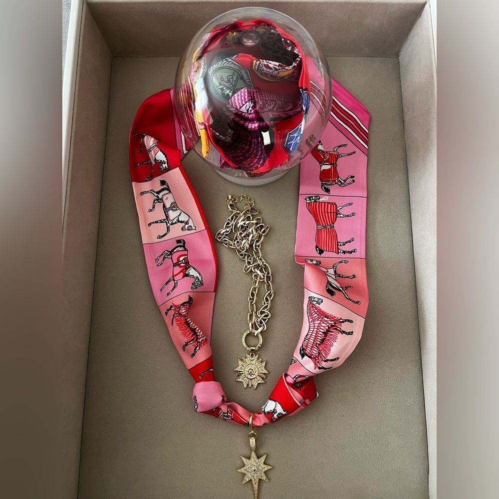SOLD-Pink Horse Stripe Knotted Scarf Twilly-Like Charm Necklace